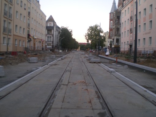 Budowa linii tramwajowej w ulicy Kościuszki (15 sierpnia 2015)