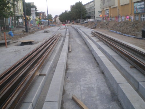 Budowa linii tramwajowej w ulicy Kościuszki (15 sierpnia 2015)