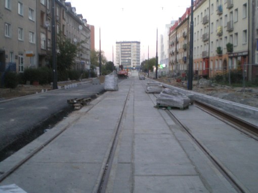 Budowa linii tramwajowej w ulicy Kościuszki (15 sierpnia 2015) - przystanek Kętrzyńskiego