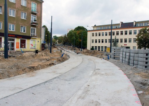 Budowa linii tramwajowej na skrzyżowaniu ulic Kościuszki i Żołnierskiej (20 września 2015)