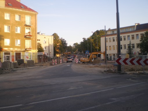 Budowa linii tramwajowej na skrzyżowaniu ulic Kościuszki i Żołnierskiej (31 sierpnia 2015)