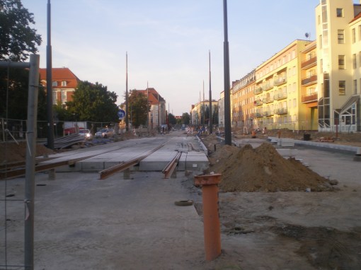 Budowa linii tramwajowej w ulicy Kościuszki (31 sierpnia 2015)