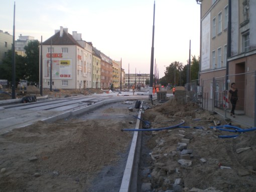 Budowa linii tramwajowej w ulicy Kościuszki (31 sierpnia 2015)