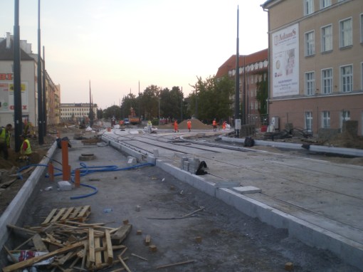 Budowa linii tramwajowej w ulicy Kościuszki (31 sierpnia 2015)