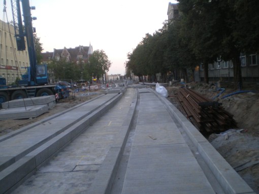 Budowa linii tramwajowej w ulicy Kościuszki (31 sierpnia 2015)