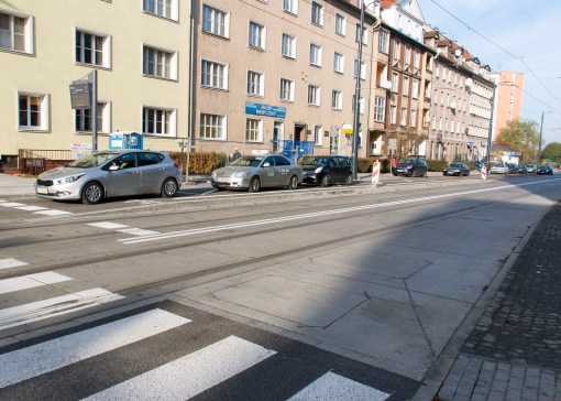 Linia tramwajowa w ulicy Kościuszki (31 października 2015) - przystanek wiedeński Kętrzyńskiego w kierunku Śródmieścia