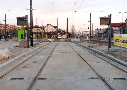 Linia tramwajowa przy ulicy Witosa (31 października 2015) - przystanek końcowy Kanta
