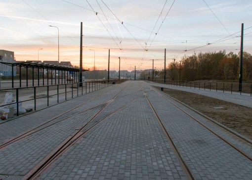 Linia tramwajowa przy ulicy Witosa (31 października 2015) - rozjazdy przy przystanku końcowym Kanta