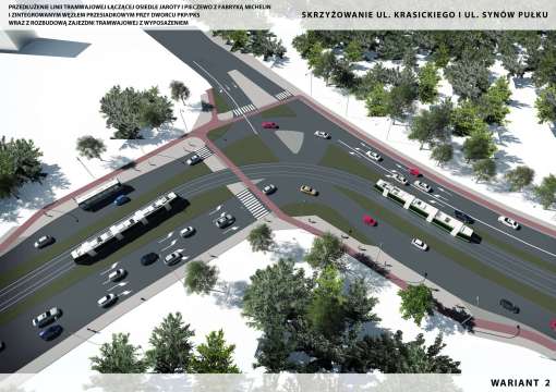 Wizualizacja torowiska tramwajowego na skrzyżowaniu ulic Krasickiego i Synów Pułku (wariant 2)
