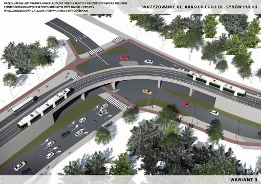 Wizualizacja torowiska tramwajowego na skrzyżowaniu ulic Krasickiego i Synów Pułku (wariant 3)