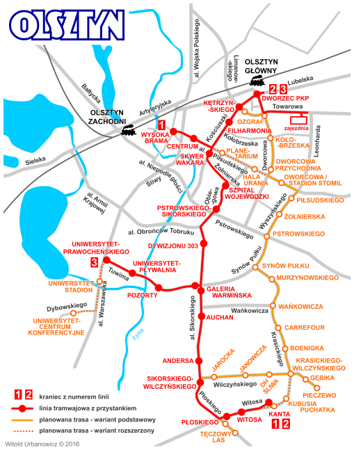 Schemat olsztyńskiej sieci tramwajowej z trasami II etapu (z przystankami)