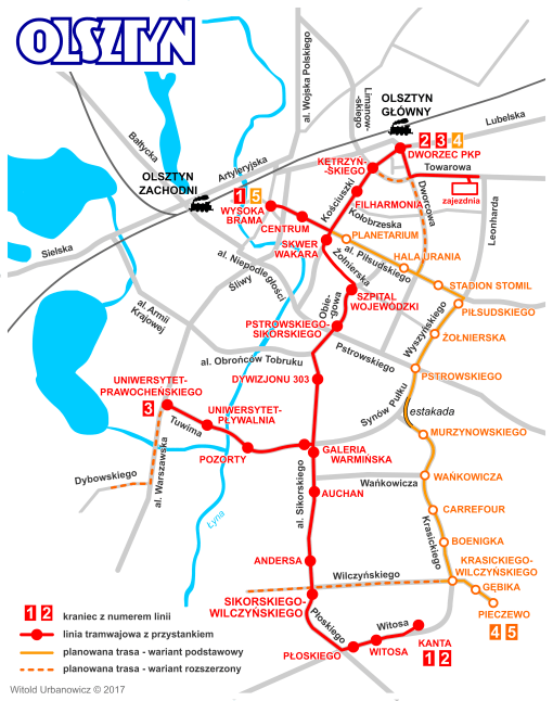 Schemat olsztyńskiej sieci tramwajowej z trasami II etapu (z liniami i przystankami I podetapu)