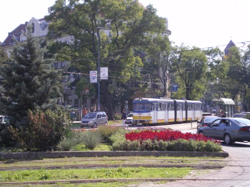 Tramwaj FVV CSM–4 ("Bengáli") #809 na linii 3-3F wjeżdża na rondo przy Dugonics tér w Segedynie