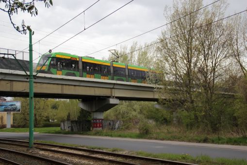 Solaris Tramino S105P #529 na linii 16 na estakadzie Poznańskiego Szybkiego Tramwaju nad aleją Wielkopolską (22 kwietnia 2017)