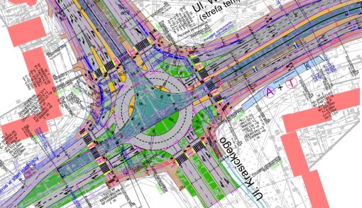 Skrzyżowanie ulic Krasickiego i Wilczyńskiego po wybudowaniu linii tramwajowej (projekt)