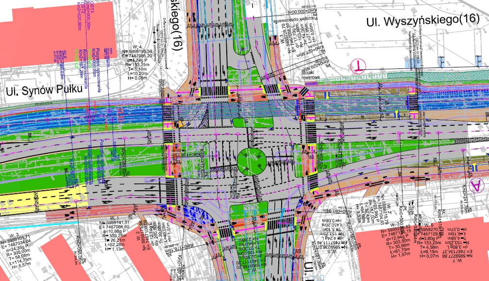 Skrzyżowanie ulic Pstrowskiego, Wyszyńskiego i Synów Pułku po wybudowaniu linii tramwajowej (projekt)