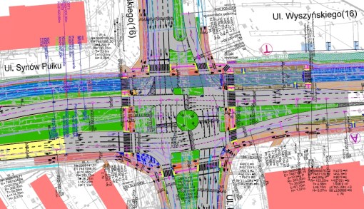 Skrzyżowanie ulic Pstrowskiego, Wyszyńskiego i Synów Pułku po wybudowaniu linii tramwajowej (projekt)