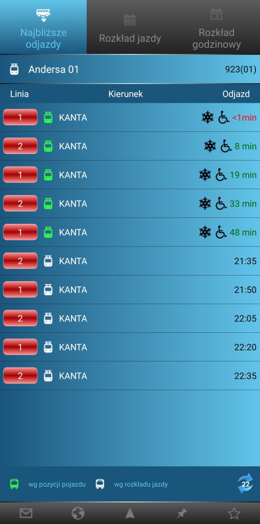 Lista odjazdów z przystanku w aplikacji MyBus (przystanek Andersa 01)