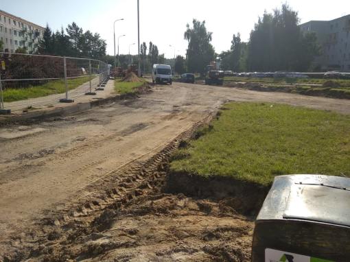 Budowa linii tramwajowej w ulicy Wilczyńskiego, w okolicach skrzyżowania z ulicą Krasickiego (13 sierpnia 2021)