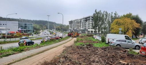 Budowa linii tramwajowej w ulicy Krasickiego, między ulicami Wańkowicza i Barcza (2 października 2021)