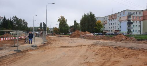 Budowa linii tramwajowej w ulicy Wilczyńskiego, w okolicach skrzyżowania z ulicą Krasickiego (2 października 2021)