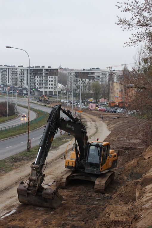 Budowa linii tramwajowej w ulicy Krasickiego, między ulicami Barcza i Wańkowicza (14 listopada 2021)