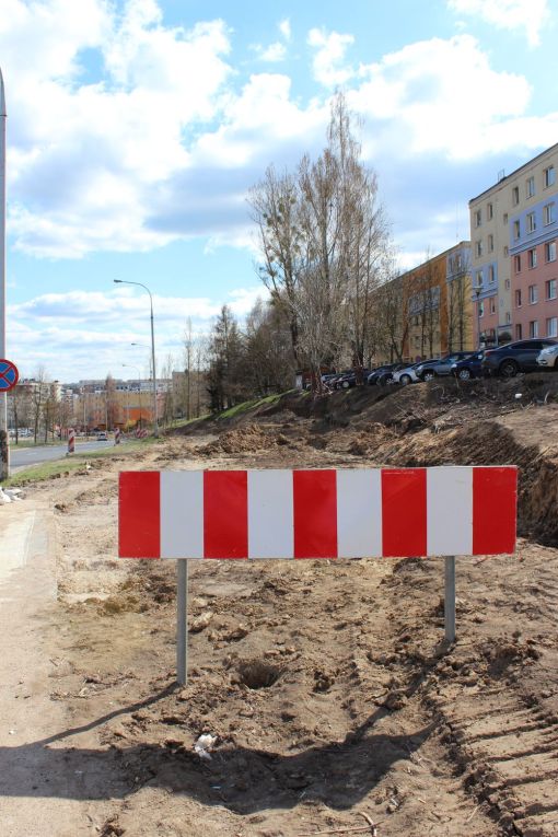 Budowa linii tramwajowej w ulicy Krasickiego, między ulicami Wańkowicza i Barcza (16 kwietnia 2022)