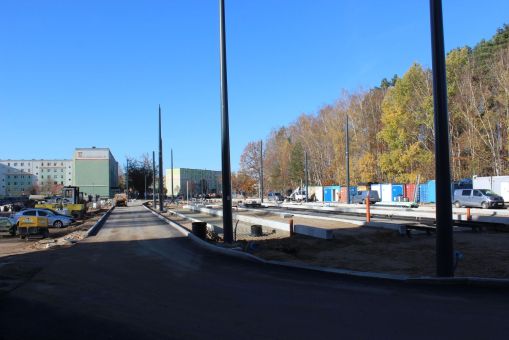 Budowa linii tramwajowej w ulicy Wilczyńskiego, w okolicach przyszłego przystanku końcowego Pieczewo (3 listopada 2022)