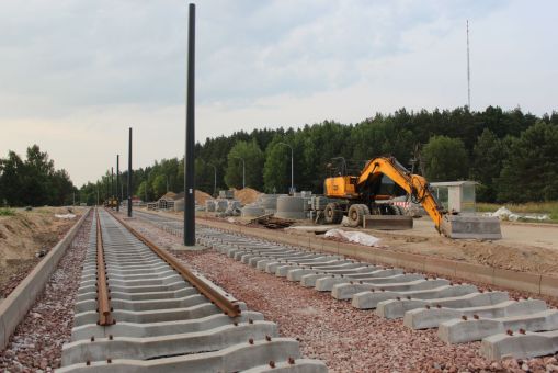 Budowa linii tramwajowej w ulicy Krasickiego, w pobliżu przystanku Boenigka (5 lipca 2023)