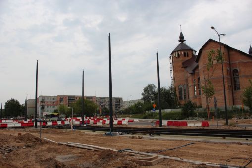 Budowa linii tramwajowej w ulicy Wilczyńskiego, w pobliżu skrzyżowania z ulicą Krasickiego (5 lipca 2023)