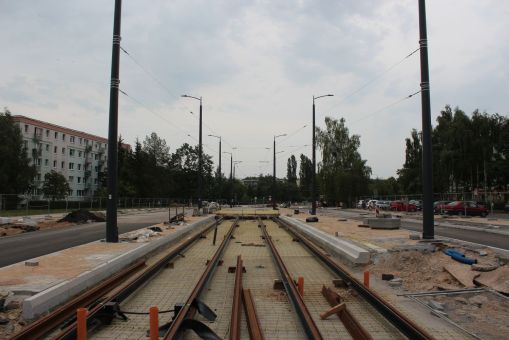 Budowa linii tramwajowej w ulicy Wilczyńskiego, w pobliżu skrzyżowania z ulicą Krasickiego (5 lipca 2023)