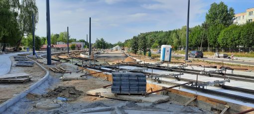 Budowa linii tramwajowej w ulicy Krasickiego, w pobliżu przystanku Boenigka (29 lipca 2023)