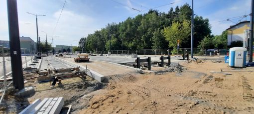 Budowa linii tramwajowej w ulicy Wilczyńskiego - przystanek końcowy Pieczewo (29 lipca 2023)