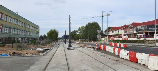 Budowa linii tramwajowej w ulicy Wyszyńskiego, w pobliżu skrzyżowania z ulicami Żołnierską i Augustowską (29 lipca 2023)