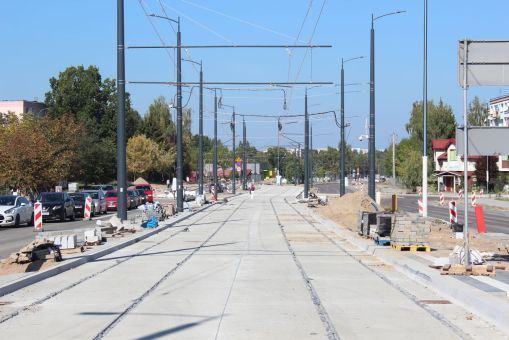 Budowa linii tramwajowej w ulicy Krasickiego, w pobliżu skrzyżowania z ulicami Boenigka i Sobocińskiego (17 września 2023)
