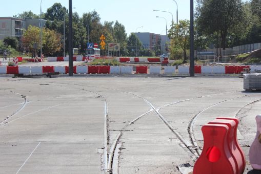 Budowa linii tramwajowej na skrzyżowaniu ulic Krasickiego i Wilczyńskiego (17 września 2023)