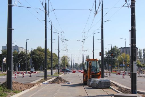 Budowa linii tramwajowej w alei Piłsudskiego, w pobliżu przystanku Hala Urania (17 września 2023)