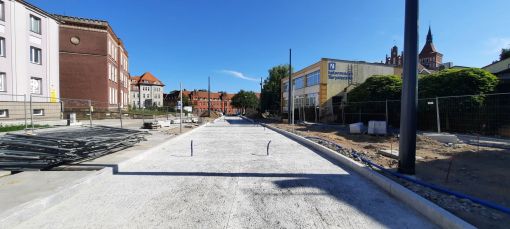 Budowa linii tramwajowej na placu Jedności Słowiańskiej - przystanek końcowy Wysoka Brama (12 sierpnia 2023)