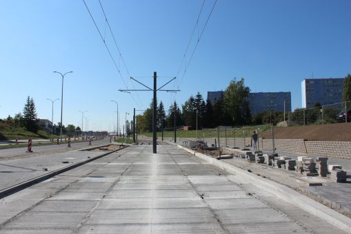 Budowa linii tramwajowej w ulicy Wyszyńskiego, przyszły przystanek w pobliżu skrzyżowania z ulicami Augustowską i Żołnierską (17 września 2023)