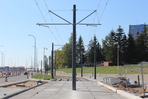 Budowa linii tramwajowej w ulicy Wyszyńskiego, w pobliżu skrzyżowania z ulicami Augustowską i Żołnierską (17 września 2023)