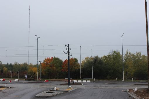 Budowa linii tramwajowej w ulicy Krasickiego, na skrzyżowaniu z ulicą Wańkowicza (22 października 2023)