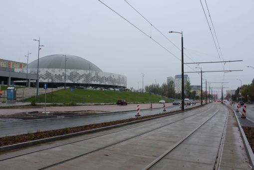 Budowa linii tramwajowej w alei Piłsudskiego, na wysokości hali Urania (22 października 2023)