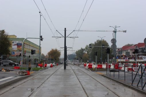 Budowa linii tramwajowej w ulicy Wyszyńskiego - przystanek Żołnierska (22 października 2023)