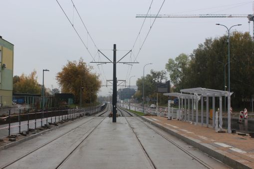 Budowa linii tramwajowej w ulicy Wyszyńskiego - przystanek Żołnierska (22 października 2023)