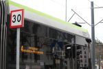 Durmazlar Panorama Olsztyn DRP5H05 #3024 przed skrzyżowaniem ulic Krasickiego i Barcza w pierwszym dniu funkcjonowania trasy tramwajowej na Pieczewo (30 grudnia&nbsp;2023)