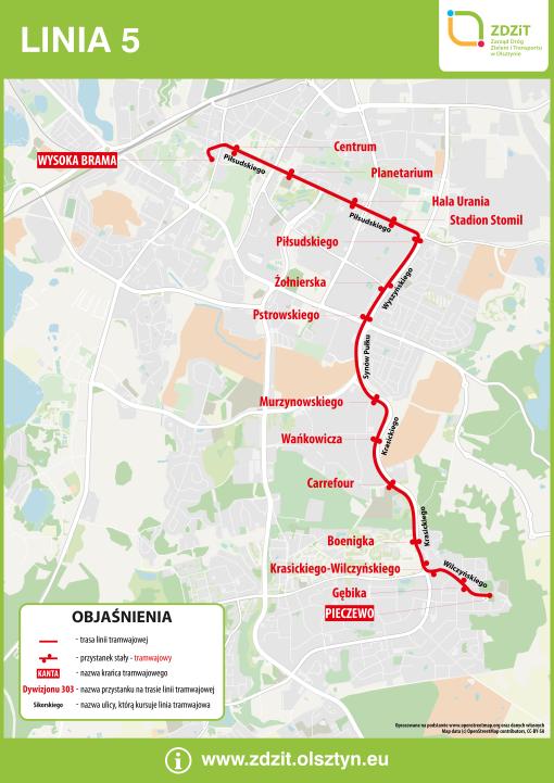 Schemat przebiegu linii tramwajowej 5