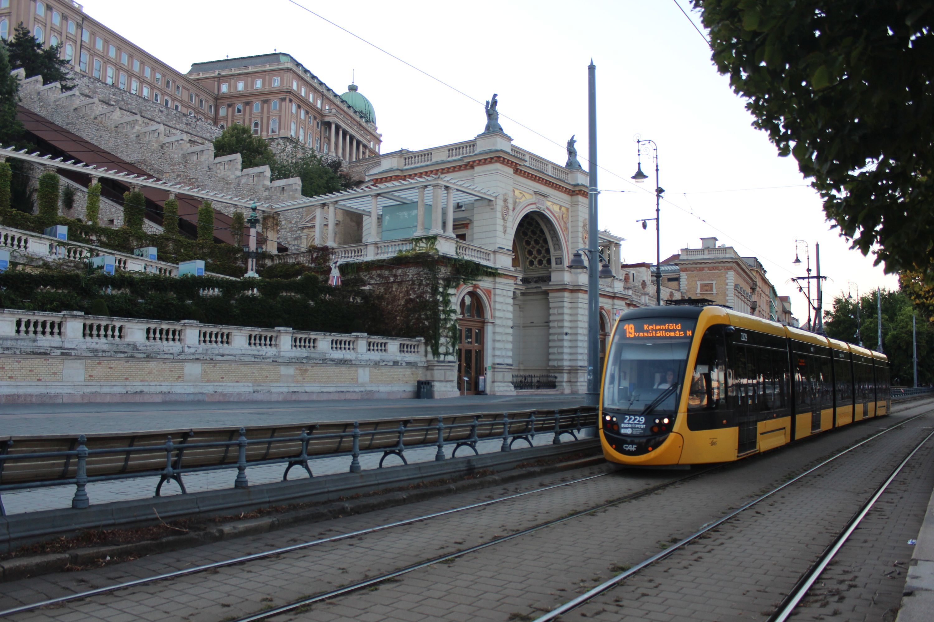 CAF Urbos 3 (5-członowy) #2229 na linii 19 mija Várkert Bazár w Budapeszcie, w tle Pałac Królewski na budańskim Wzgórzu Zamkowym (25 sierpnia 2024)